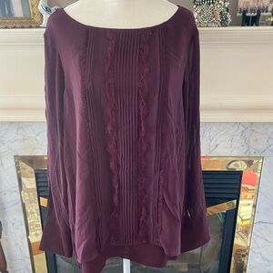 White House Black Market Burgundy Lace Detail Split Back Blouse Top  SZ 14